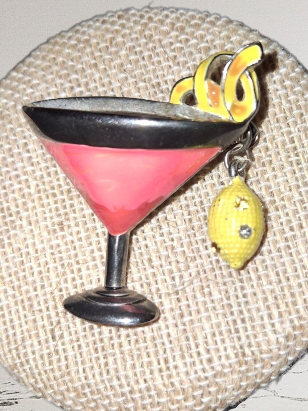 Martini Glass Enamel Vintage Brooch Pin W Lemon unsigned cocktail/bar